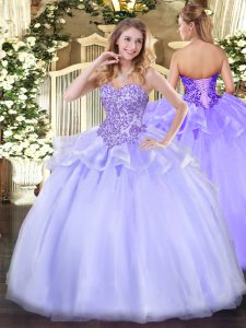 Lavender Sleeveless Floor Length Appliques Lace Up Quinceanera Dress