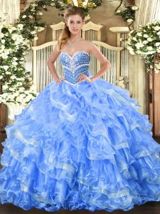 Pretty Baby Blue Ball Gowns Sweetheart Sleeveless Organza Floor Length Lace Up Beading and Ruffled Layers 15 Quinceanera Dress