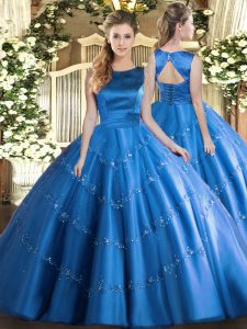 Comfortable Sleeveless Floor Length Appliques Lace Up Sweet 16 Quinceanera Dress with Baby Blue