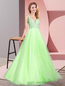 Floor Length Zipper Prom Gown Yellow Green for Prom and Party with Lace