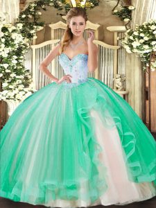 Deluxe Sweetheart Sleeveless 15th Birthday Dress Floor Length Beading and Ruffles Turquoise Tulle
