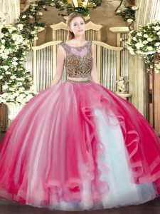 Coral Red Lace Up Scoop Beading and Ruffles Quinceanera Dresses Tulle Sleeveless