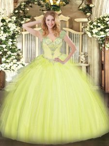 Yellow Green Tulle Lace Up V-neck Sleeveless Floor Length Quinceanera Gown Beading and Ruffles