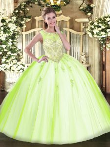 Gorgeous Tulle Scoop Sleeveless Zipper Beading and Appliques Sweet 16 Quinceanera Dress in Yellow Green