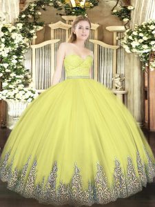 Ideal Floor Length Yellow Quinceanera Dress Tulle Sleeveless Beading and Lace and Appliques