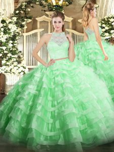 Lace and Ruffled Layers Vestidos de Quinceanera Apple Green Zipper Sleeveless Floor Length