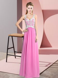 Rose Pink Sleeveless Lace Floor Length Prom Dresses