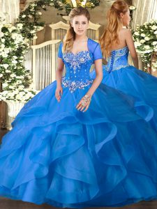 High Class Baby Blue Ball Gowns Sweetheart Sleeveless Tulle Floor Length Lace Up Beading and Ruffles Quinceanera Dresses