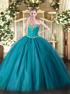 Eye-catching Floor Length Lace Up Sweet 16 Dress Teal for Military Ball and Sweet 16 and Quinceanera with Beading