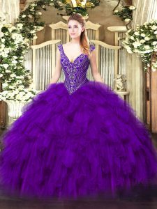 Purple V-neck Lace Up Beading and Ruffles Quinceanera Gowns Sleeveless