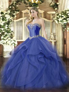 Fabulous Blue Tulle Lace Up Sweetheart Sleeveless Floor Length Quinceanera Gowns Beading and Ruffles