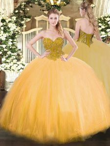Gold Ball Gowns Sweetheart Sleeveless Tulle Floor Length Lace Up Beading Quinceanera Gowns
