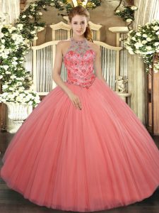 Floor Length Watermelon Red Quince Ball Gowns Tulle Sleeveless Beading and Embroidery