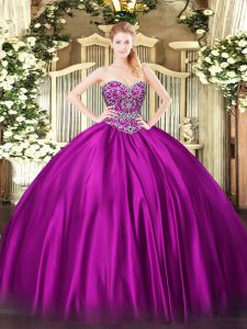Luxury Fuchsia Ball Gowns Sweetheart Sleeveless Satin Floor Length Lace Up Beading Sweet 16 Dresses