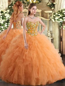 Orange Tulle Lace Up Ball Gown Prom Dress Sleeveless Floor Length Embroidery and Ruffles