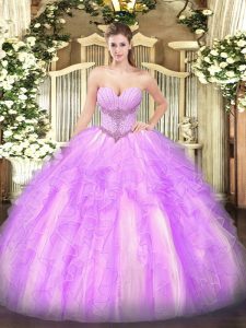 Graceful Lilac Sleeveless Tulle Lace Up Vestidos de Quinceanera for Military Ball and Sweet 16 and Quinceanera