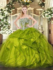 Olive Green Strapless Lace Up Beading and Ruffled Layers Quinceanera Dress Sleeveless