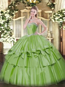 Floor Length Yellow Green Sweet 16 Dress Organza and Taffeta Sleeveless Beading and Ruffled Layers