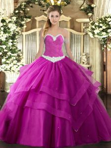 Appliques and Ruffled Layers Ball Gown Prom Dress Fuchsia Lace Up Sleeveless Floor Length