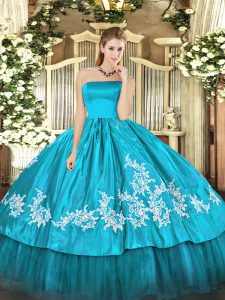 On Sale Aqua Blue Sleeveless Floor Length Embroidery Zipper Quinceanera Dress