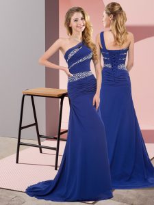 Excellent Blue Mermaid One Shoulder Sleeveless Chiffon Floor Length Sweep Train Lace Up Beading Prom Dresses
