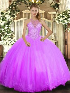 On Sale Lilac Ball Gowns Halter Top Sleeveless Tulle Floor Length Lace Up Beading Ball Gown Prom Dress