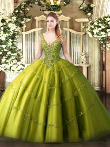 Deluxe Olive Green Ball Gowns Tulle V-neck Sleeveless Beading and Appliques Floor Length Lace Up Quinceanera Gowns