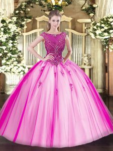 Fuchsia Sweet 16 Dresses Sweet 16 and Quinceanera with Beading and Appliques Scoop Cap Sleeves Lace Up
