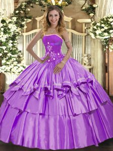 Superior Lavender Ball Gowns Organza and Taffeta Strapless Sleeveless Beading and Ruffled Layers Floor Length Lace Up Quinceanera Dresses