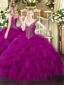 Sumptuous Floor Length Ball Gowns Sleeveless Fuchsia Quinceanera Dresses Lace Up
