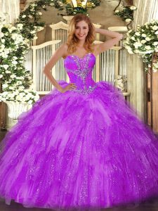 Modest Eggplant Purple Ball Gowns Organza Sweetheart Sleeveless Beading and Ruffles Floor Length Lace Up 15 Quinceanera Dress