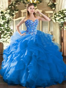 High Quality Blue Ball Gowns Sweetheart Sleeveless Organza Floor Length Lace Up Embroidery and Ruffles Sweet 16 Dress