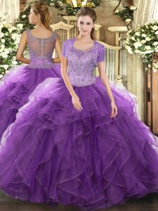Simple Lavender Sweet 16 Dresses Military Ball and Sweet 16 and Quinceanera with Beading and Ruffled Layers Scoop Sleeveless Clasp Handle
