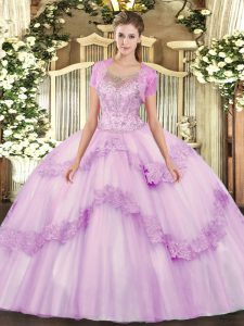 Floor Length Lilac Quinceanera Dresses Tulle Sleeveless Beading and Appliques