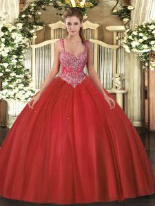 Modest V-neck Sleeveless Lace Up 15 Quinceanera Dress Coral Red Tulle