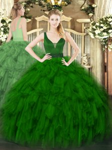 Dark Green Zipper Quinceanera Dress Beading and Ruffles Sleeveless Floor Length