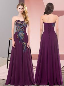 Embroidery Prom Dresses Dark Purple Lace Up Sleeveless Floor Length