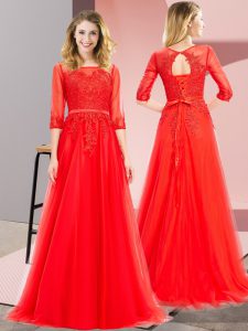 Best Selling Red Tulle Lace Up Square 3 4 Length Sleeve Floor Length Prom Gown Lace