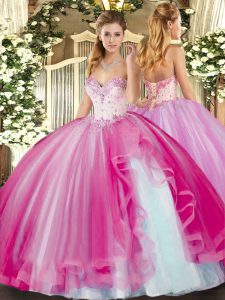 Stunning Floor Length Fuchsia Quince Ball Gowns Tulle Sleeveless Beading and Ruffles