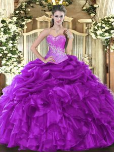 Eggplant Purple Ball Gowns Beading and Ruffles and Pick Ups Ball Gown Prom Dress Lace Up Organza Sleeveless Floor Length