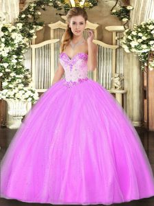 Fitting Sleeveless Floor Length Beading Lace Up Vestidos de Quinceanera with Lilac