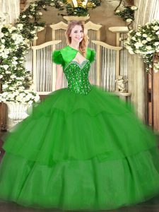Sophisticated Floor Length Green 15th Birthday Dress Tulle Sleeveless Beading and Ruffled Layers