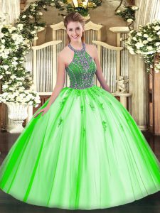 Superior Tulle Lace Up Halter Top Sleeveless Floor Length 15 Quinceanera Dress Beading