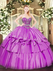 Popular Lilac Organza and Taffeta Lace Up Quinceanera Gowns Sleeveless Floor Length Beading and Ruffled Layers