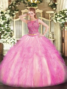 Dynamic Floor Length Two Pieces Sleeveless Rose Pink Quince Ball Gowns Lace Up