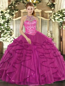 Amazing Floor Length Lace Up Vestidos de Quinceanera Fuchsia for Military Ball and Sweet 16 and Quinceanera with Beading and Ruffles