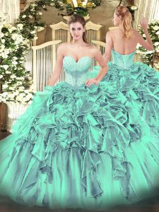 Customized Turquoise Lace Up Sweetheart Beading and Ruffles Quinceanera Gowns Organza Sleeveless