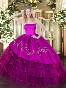 Decent Fuchsia Ball Gowns Strapless Sleeveless Organza and Taffeta Floor Length Zipper Embroidery and Ruffled Layers 15 Quinceanera Dress
