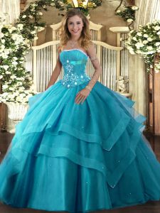 Fashion Beading and Ruffled Layers Quinceanera Gown Teal Lace Up Sleeveless Floor Length