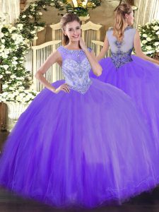 Scoop Sleeveless 15 Quinceanera Dress Floor Length Beading Lavender Tulle